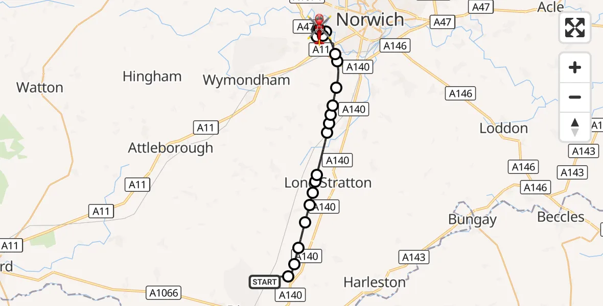 Flight route Air Ambulance Helicopter Burston - Norfolk & Norwich Hospital, 22 September 2026, 15:14