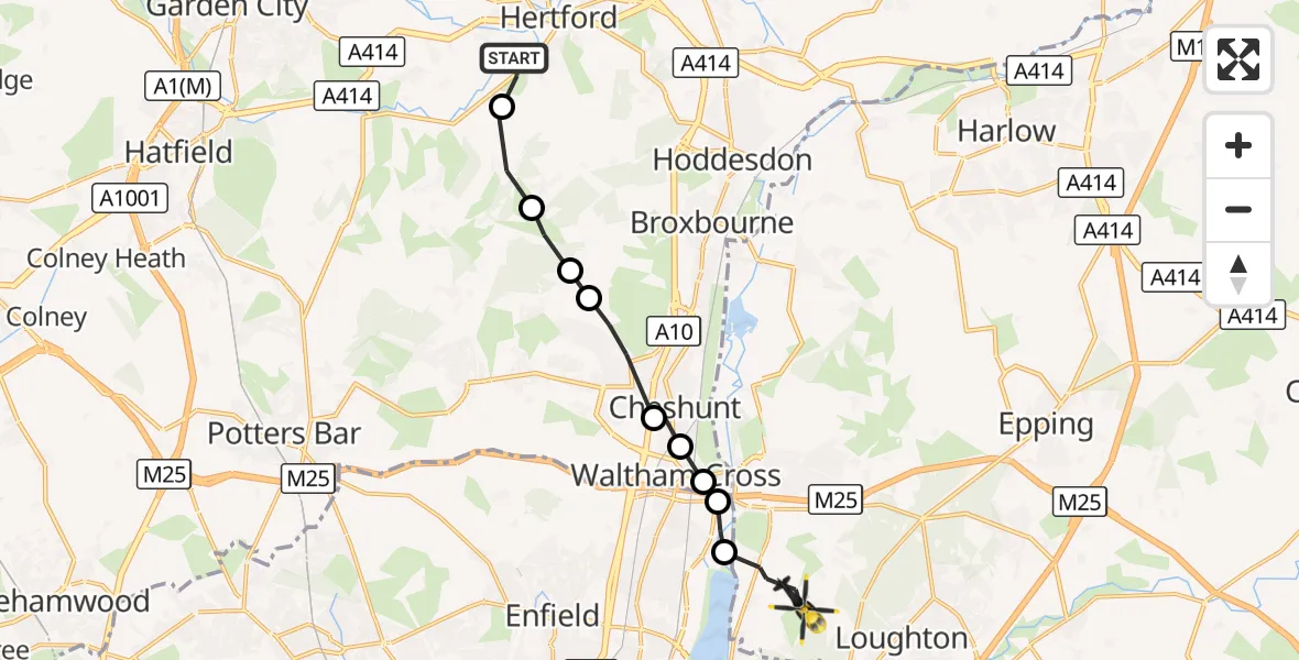 Flight route Police Helicopter Hertford - Metropolitan Police Air Support Unit Lippitts Hill, 22 September 2026, 15:18