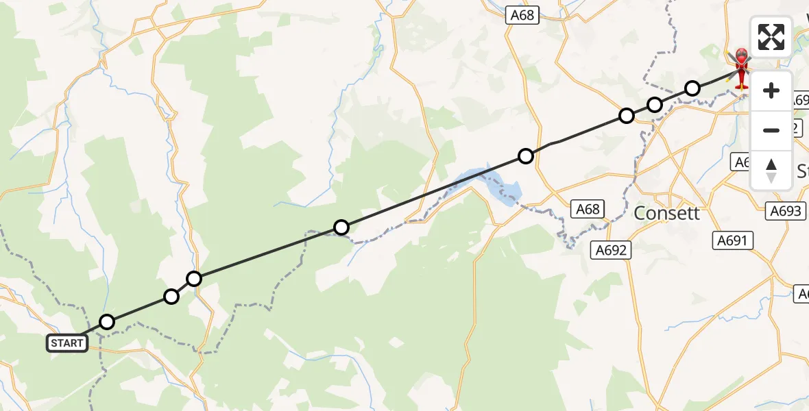 Flight route Air Ambulance Helicopter Nenthead - Gateshead, 22 September 2026, 15:28