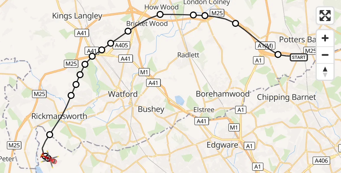 Flight route Air Ambulance Helicopter Potters Bar - Harefield Hospital, 22 September 2026, 15:32