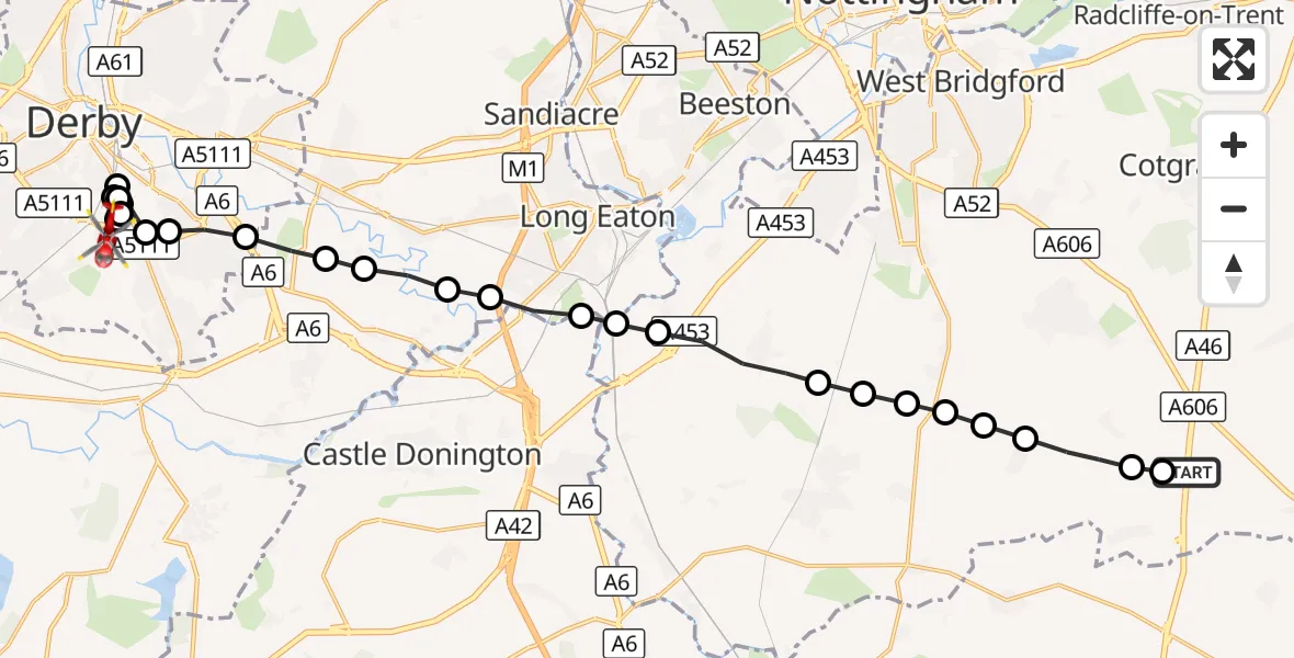 Flight route Air Ambulance Helicopter Nottingham Heliport - Osmaston, 22 September 2026, 15:34