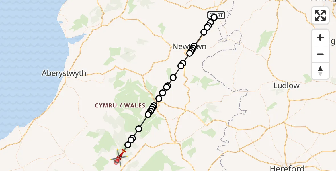 Flight route Air Ambulance Helicopter Welshpool Airport - Llanfair-ar-y-Bryn, 22 September 2026, 15:36