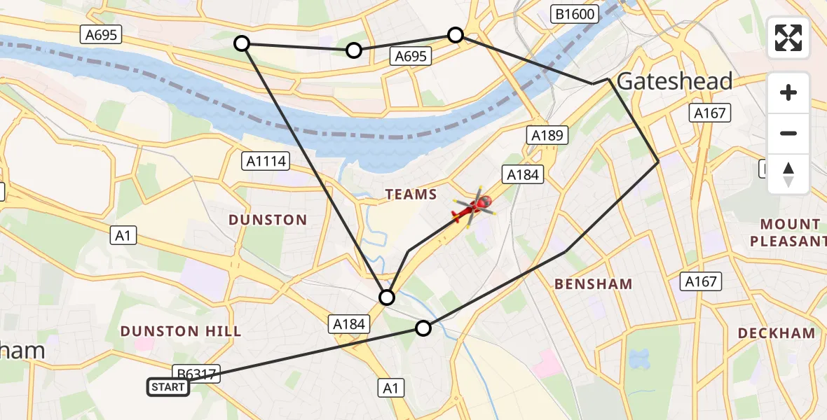 Flight route Air Ambulance Helicopter Whickham - Gateshead, 22 September 2026, 15:38