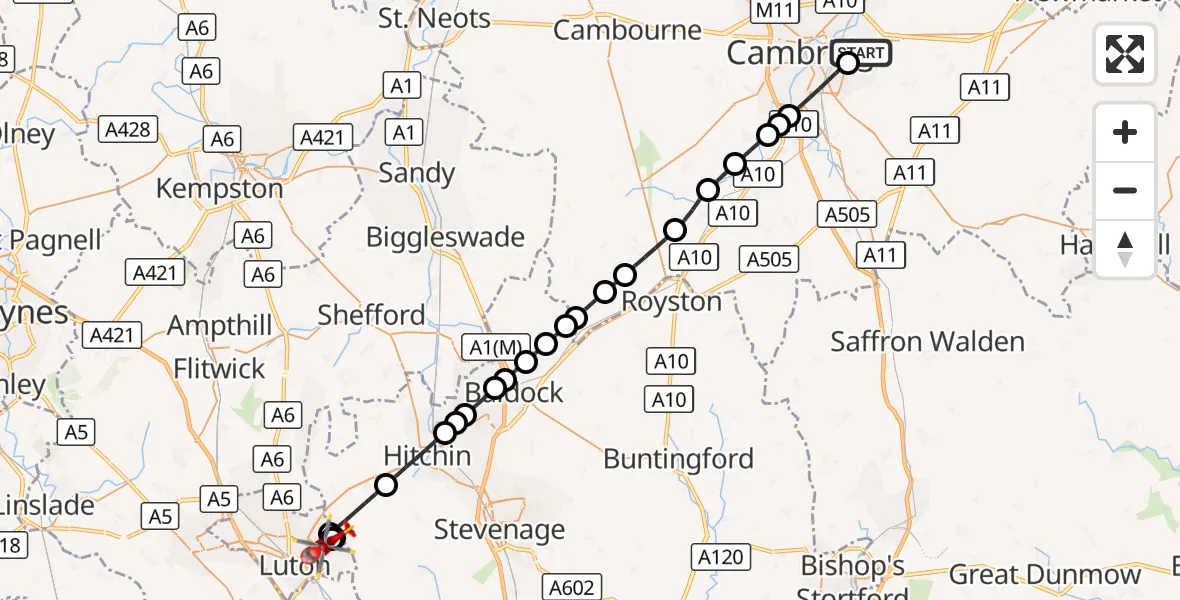 Flight route Air Ambulance Helicopter Cambridge City Airport - Luton, 22 September 2026, 15:47