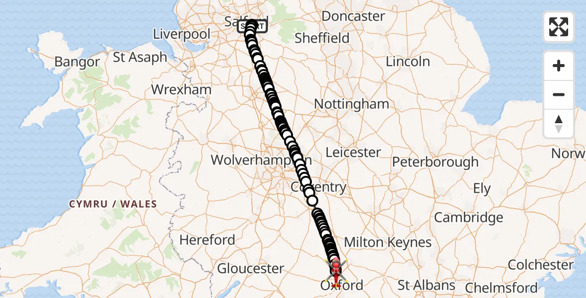 Flight route Air Ambulance Helicopter Ardwick - London Oxford Airport, 22 September 2026, 15:50