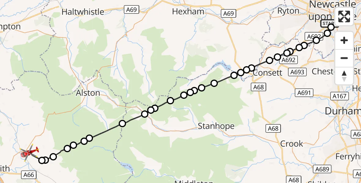 Flight route Air Ambulance Helicopter Gateshead - Skirwith, 22 September 2026, 15:56