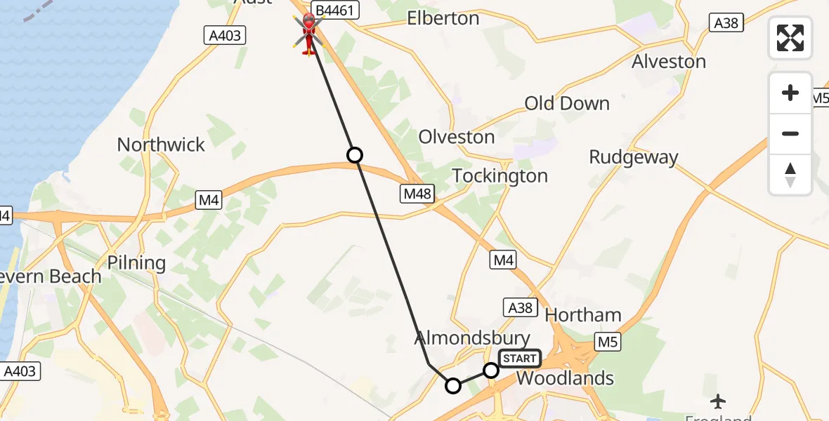Flight route Air Ambulance Helicopter Almondsbury Helicopter Base - Aust, 22 September 2026, 16:03