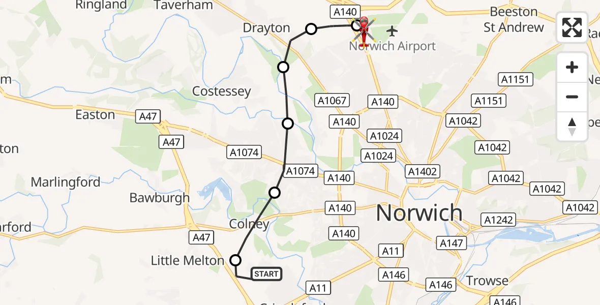 Flight route Air Ambulance Helicopter Cringleford - Norwich Airport, 22 September 2026, 16:11