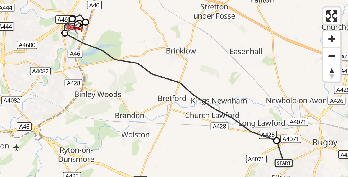 Flight route Air Ambulance Helicopter Rugby - University Hospital Coventry, 22 September 2026, 16:23