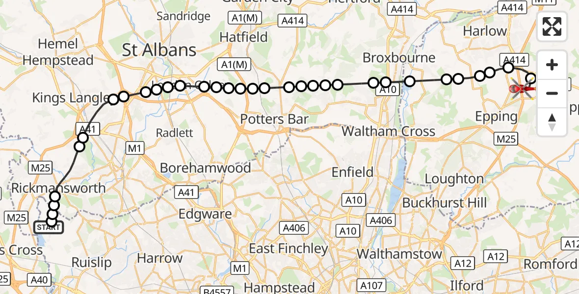 Flight route Air Ambulance Helicopter Harefield Hospital - North Weald Airfield, 22 September 2026, 16:35