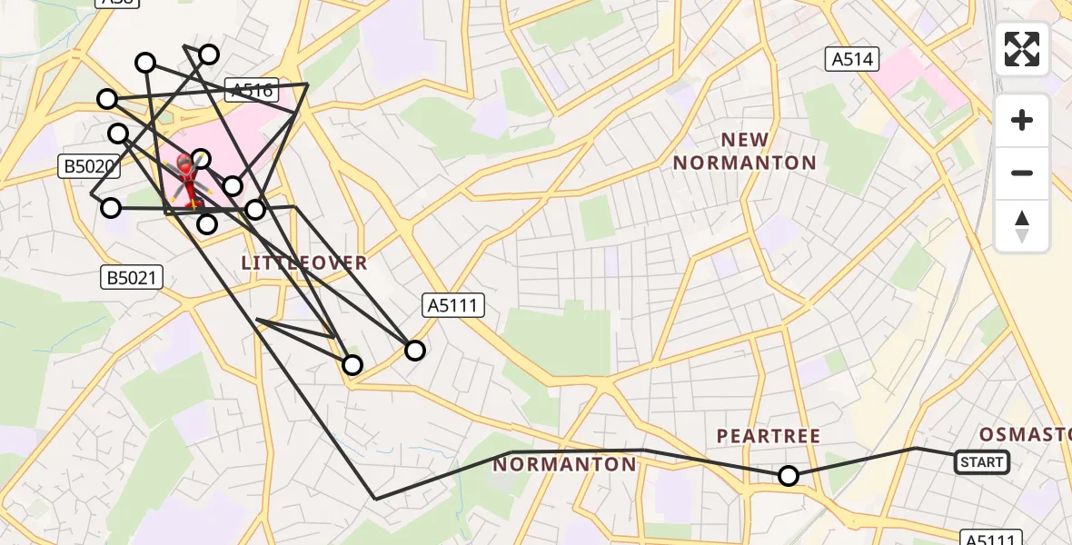 Flight route Air Ambulance Helicopter Osmaston - Royal Derby Trauma Unit, 22 September 2026, 16:55