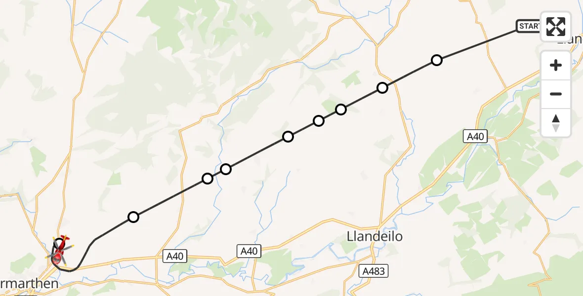 Flight route Air Ambulance Helicopter Llandovery - Peniel, 22 September 2026, 17:00