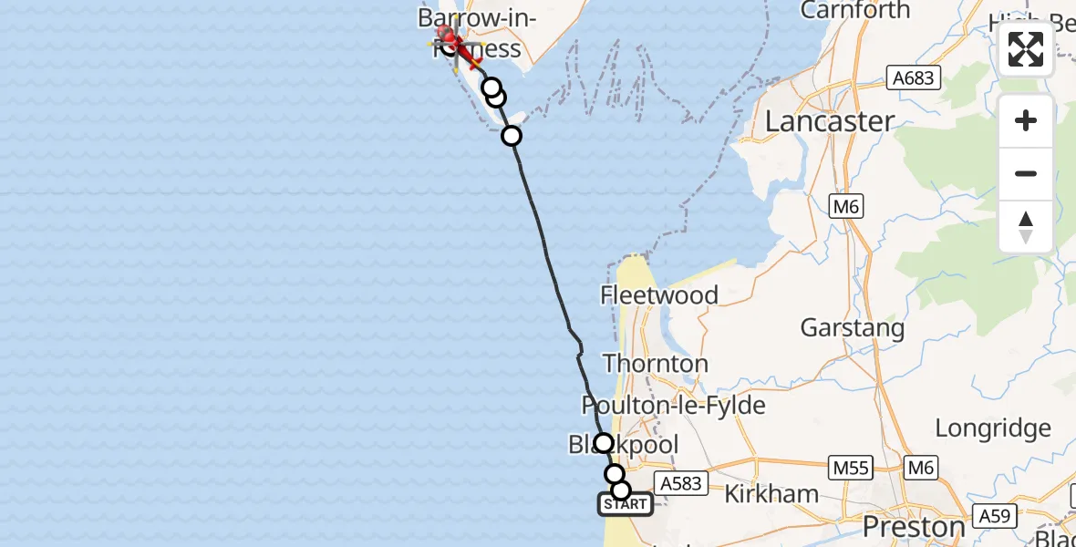 Flight route Air Ambulance Helicopter Blackpool Airport - Barrow-in-Furness, 22 September 2026, 17:03
