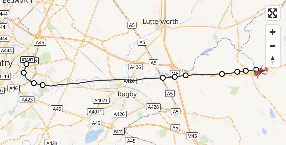Flight route Air Ambulance Helicopter Clifford Park - Naseby, 22 September 2026, 17:06