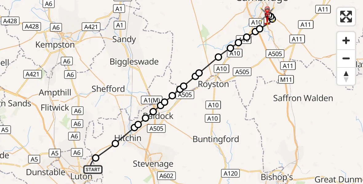 Flight route Air Ambulance Helicopter Luton - Papworth Hospital, 22 September 2026, 17:11