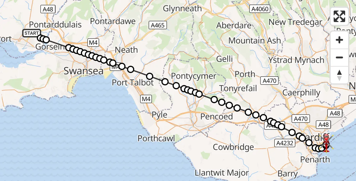 Flight route Air Ambulance Helicopter Dafen - Cardiff Heliport, 22 September 2026, 17:14