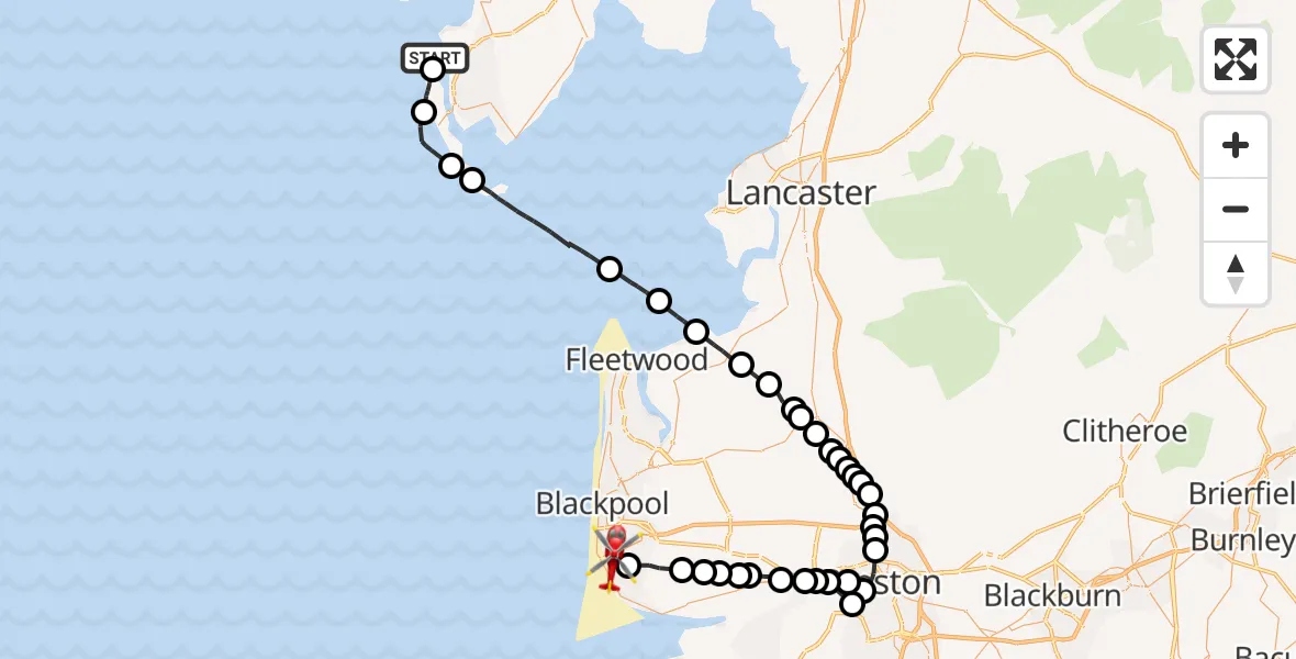 Flight route Air Ambulance Helicopter Barrow - Blackpool Airport, 22 September 2026, 17:19