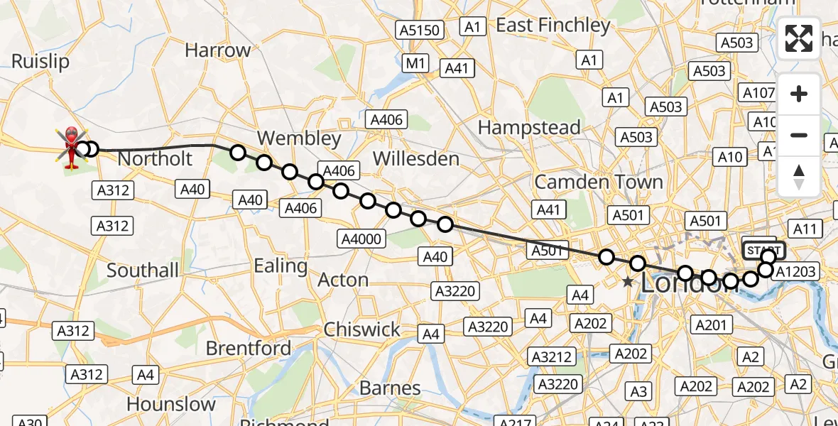 Flight route Air Ambulance Helicopter Royal London Hospital - RAF Northolt, 22 September 2026, 17:26