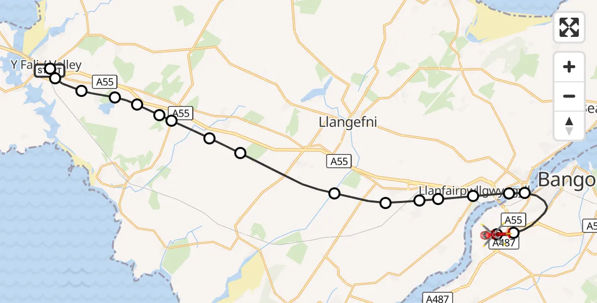 Flight route Air Ambulance Helicopter Holyhead - Aber Pwll, 22 September 2026, 17:33