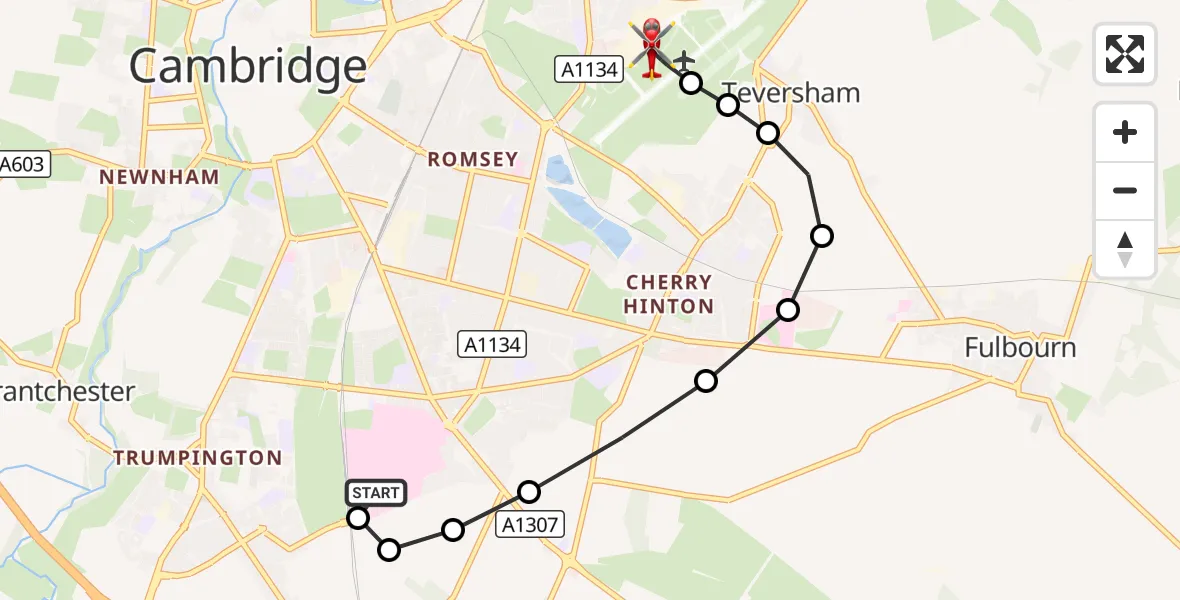 Flight route Air Ambulance Helicopter Papworth Hospital - Cambridge City Airport, 22 September 2026, 17:42