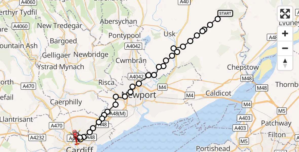 Flight route Air Ambulance Helicopter Trellech - Birchgrove, 22 September 2026, 17:45