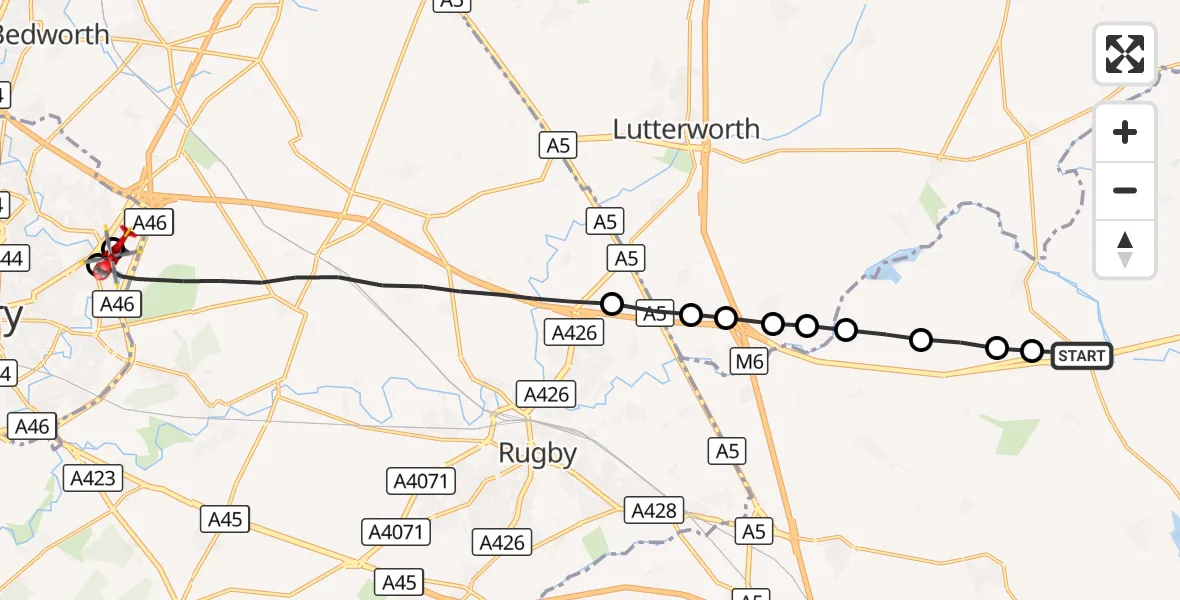 Flight route Air Ambulance Helicopter Welford - Rugby, 22 September 2026, 17:45