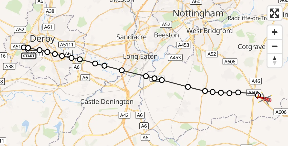 Flight route Air Ambulance Helicopter Littleover - Hickling, 22 September 2026, 17:47