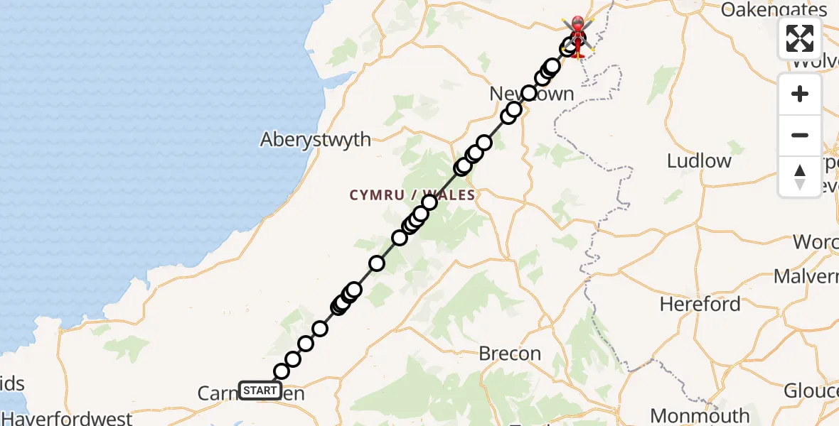 Flight route Air Ambulance Helicopter Abergwili - Welshpool Airport, 22 September 2026, 18:04