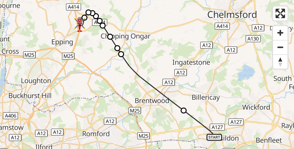 Flight route Air Ambulance Helicopter Basildon - North Weald Airfield, 22 September 2026, 18:07