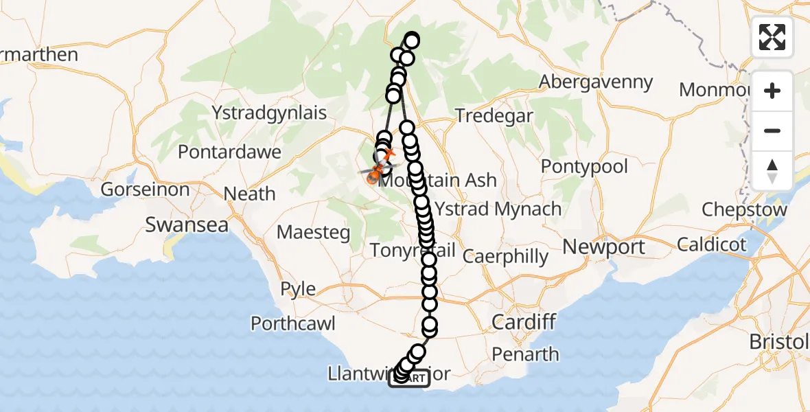 Flight route Coastguard Helicopter MOD St Athan - Aberdare West, 22 September 2026, 18:09