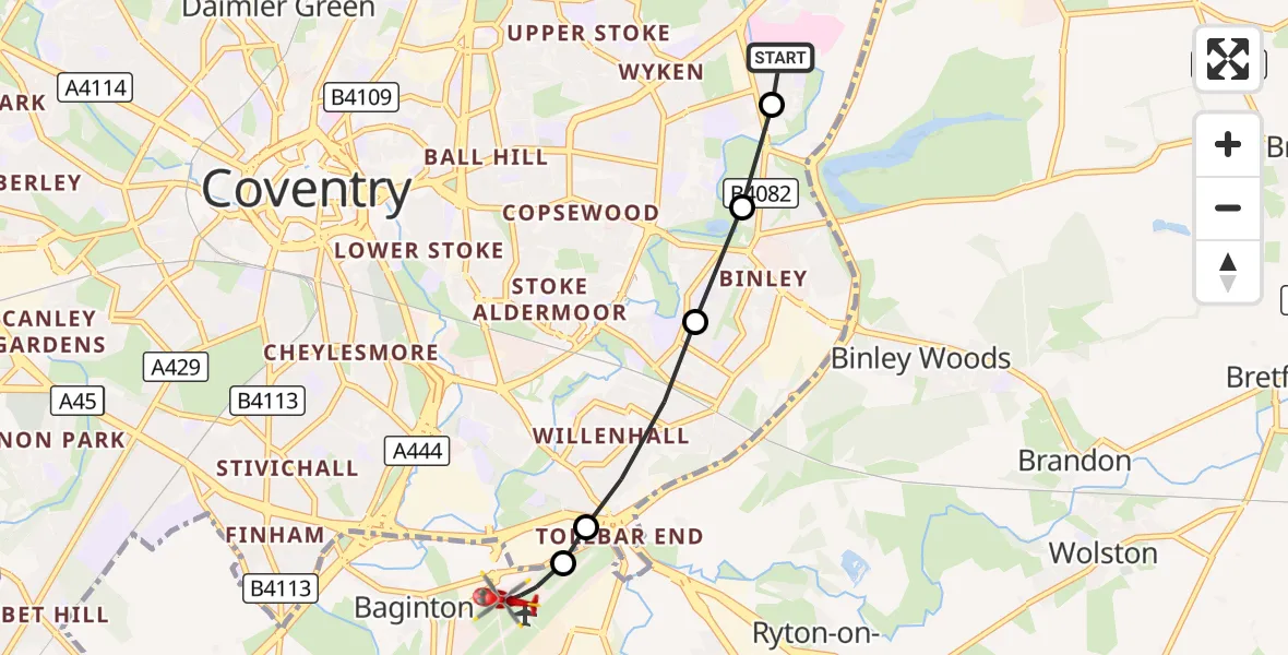 Flight route Air Ambulance Helicopter University Hospital Coventry - Coventry Airport, 22 September 2026, 18:14