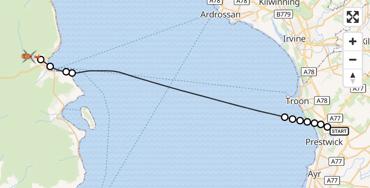 Flight route Coastguard Helicopter Glasgow Prestwick Airport - Brodick, 22 September 2026, 18:26