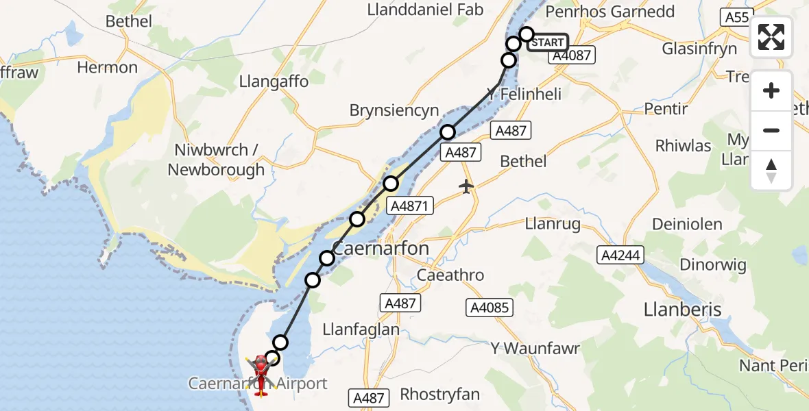Flight route Air Ambulance Helicopter Aber Pwll - Caernarfon Airport, 22 September 2026, 18:27