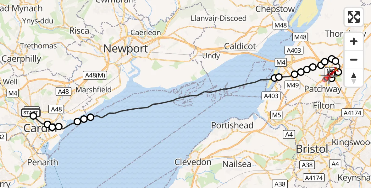 Flight route Air Ambulance Helicopter Gabalfa - Almondsbury Helicopter Base, 22 September 2026, 18:46
