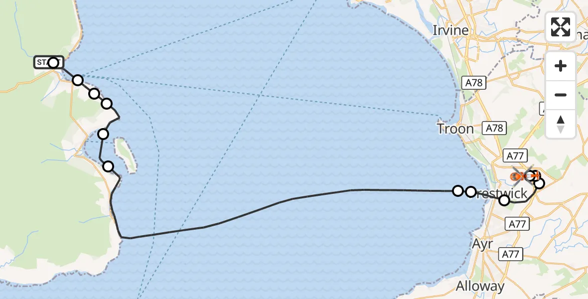 Flight route Coastguard Helicopter Brodick - Glasgow Prestwick Airport, 22 September 2026, 18:54