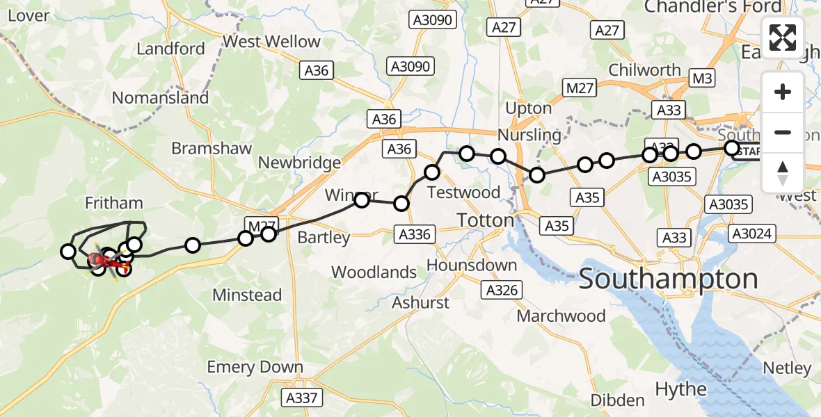 Flight route Air Ambulance Helicopter Southampton Airport - New Forest, 22 September 2026, 19:16
