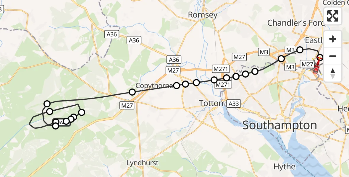 Flight route Air Ambulance Helicopter Bramshaw - Southampton Airport, 22 September 2026, 19:30