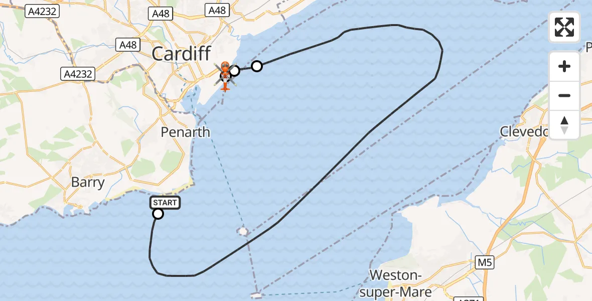 Flight route Coastguard Helicopter Sully - Cardiff Heliport, 22 September 2026, 19:56