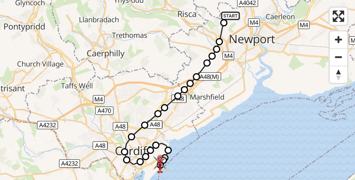 Flight route Air Ambulance Helicopter Bettws - Cardiff Heliport, 22 September 2026, 19:57
