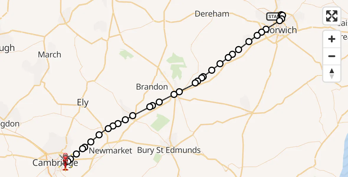 Flight route Air Ambulance Helicopter Norwich Airport - Cambridge City Airport, 22 September 2026, 20:41