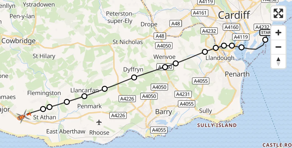 Flight route Coastguard Helicopter Cardiff Heliport - MOD St Athan, 22 September 2026, 21:02
