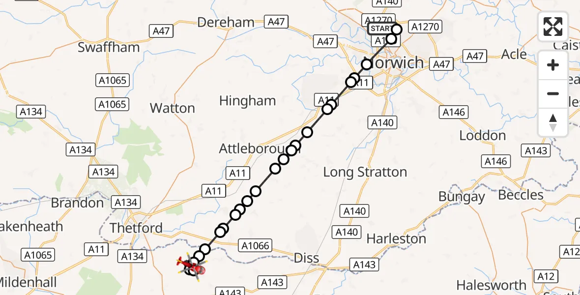 Flight route Air Ambulance Helicopter Norwich Airport - West Suffolk, 22 September 2026, 22:08