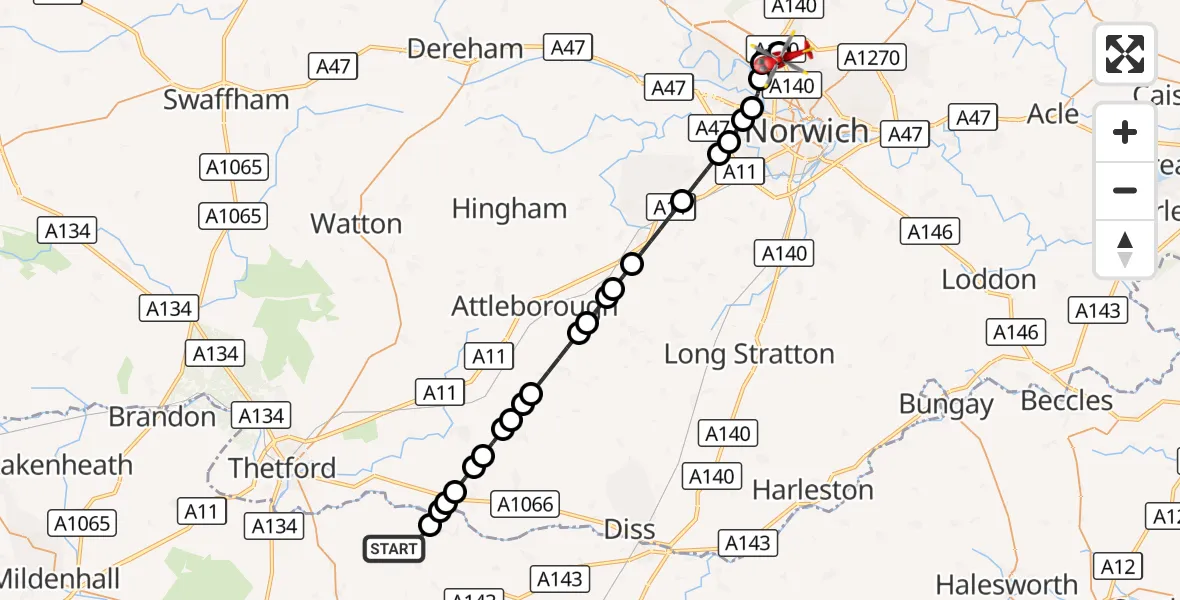 Flight route Air Ambulance Helicopter West Suffolk - Norwich Airport, 22 September 2026, 23:47