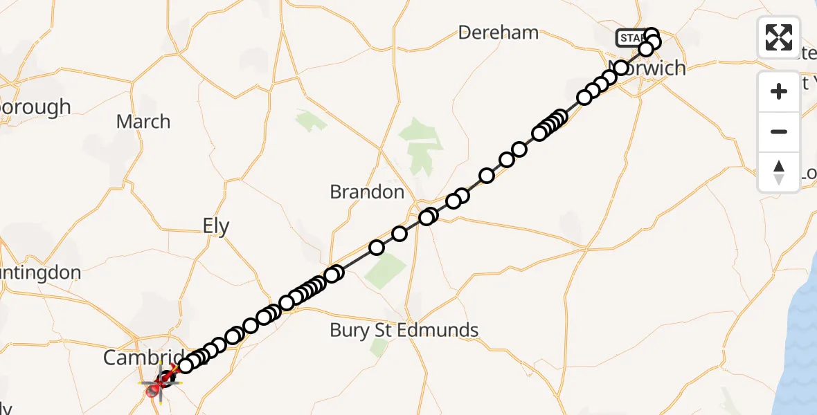 Flight route Air Ambulance Helicopter Norwich Airport - Papworth Hospital, 23 September 2026, 00:32