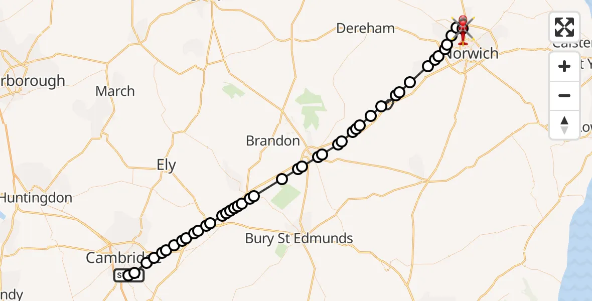 Flight route Air Ambulance Helicopter Papworth Hospital - Norwich Airport, 23 September 2026, 01:29