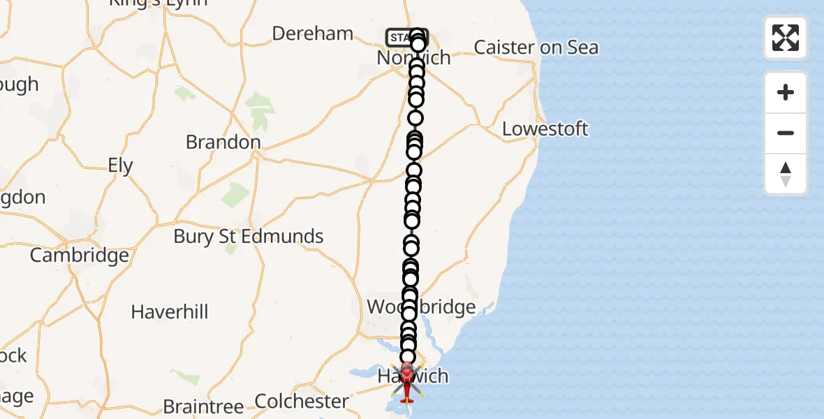 Flight route Air Ambulance Helicopter Norwich Airport - Harwich, 23 September 2026, 05:11