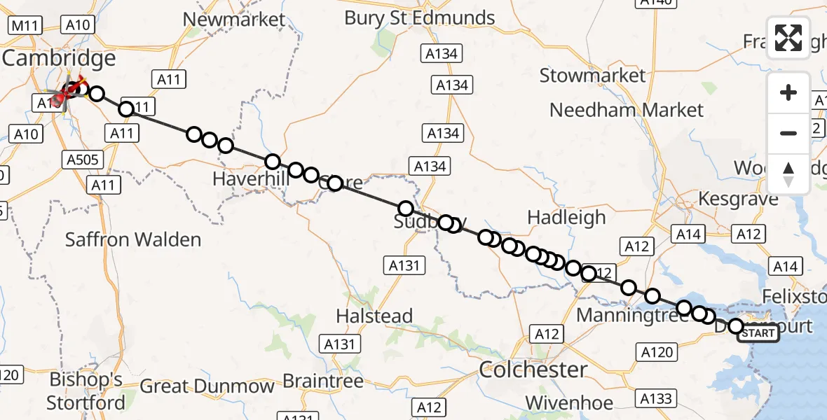 Flight route Air Ambulance Helicopter Harwich - Papworth Hospital, 23 September 2026, 06:32