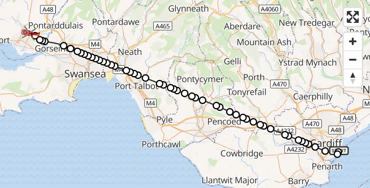 Flight route Air Ambulance Helicopter Cardiff Heliport - Dafen, 23 September 2026, 06:58