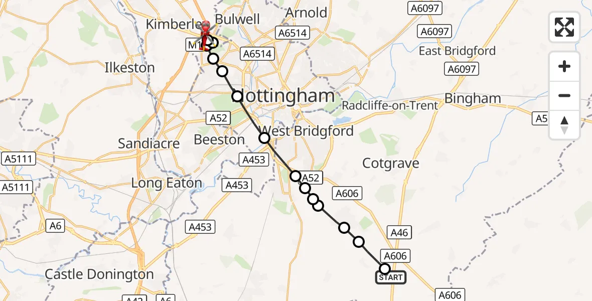 Flight route Air Ambulance Helicopter Nottingham Heliport - Nuthall, 23 September 2026, 07:24