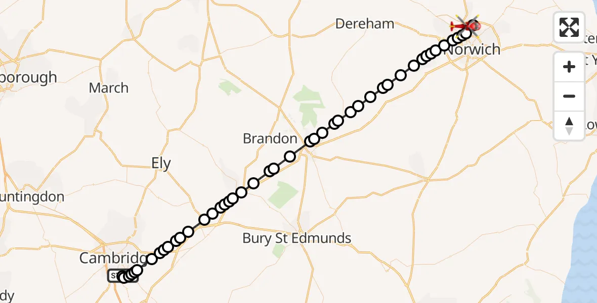 Flight route Air Ambulance Helicopter Papworth Hospital - Norwich Airport, 23 September 2026, 07:32